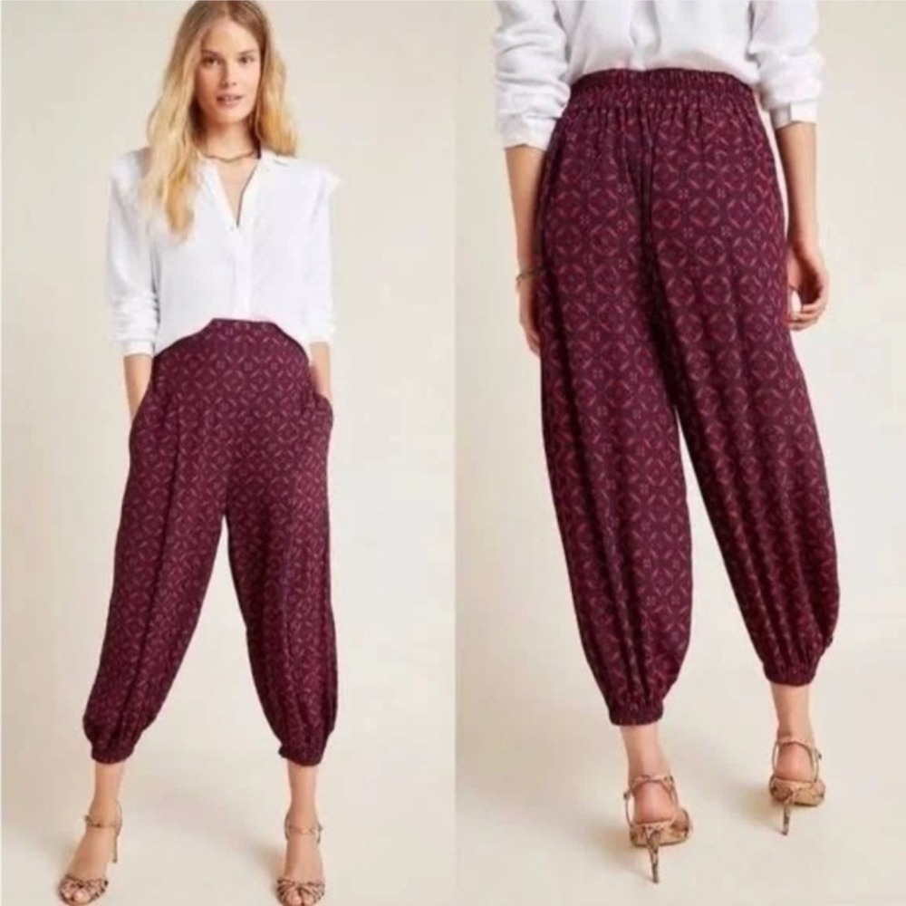 Anthropologie Medallion Harem Pants Navy Red Geometric High Rise Cropped Small